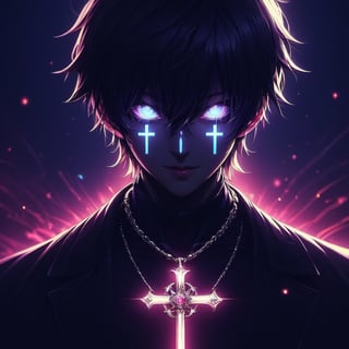 looking at viewer,  jewelry,  glasses,  glowing,  cross, cross necklace, dark anime, dark fantasy