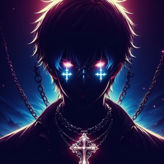 looking at viewer,  jewelry,  glasses,  glowing,  cross, cross necklace, dark anime, dark fantasy