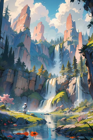 (high res) ,(masterpiece:1,2), (best quality), (fisherman:1.2), (forest scene), (waterfall background), flowers, heavenly clouds, EnvyBeautyMix23