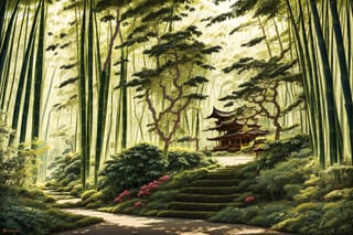 a sidewalk lined with tall bamboo trees, chiaroscuro nijistyle, High detailed,col,High detailed 