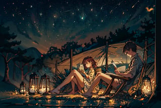 reading on the gressground, under the night sky, stars twinkling brightly, numerous sparks and fireflies filling the air, seated on a cozy blanket, leaning slightly forward engrossed in reading, a book propped open with one hand, the other holding a firefly in mid-air