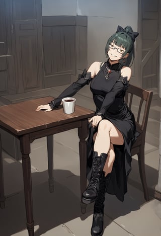 1girl, solo, smile, dress, bow, jewelry, sitting, ponytail, hair bow, earrings, boots, detached sleeves, indoors, black footwear, black dress, cosplay, chair, crossed legs,