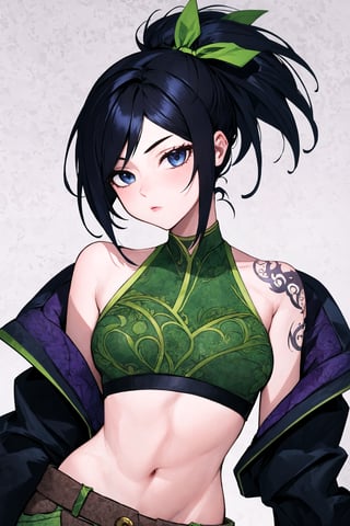 (masterpiece, best quality:1.2), intricate details , akali, 1girl, crop top, pants, hair ribbon, bare shoulders, ponytail, tattoo, black hair