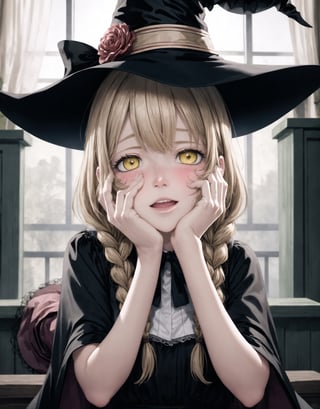  yandere trance, parody, braid, 1girl, hands on own cheeks, yandere, hands on own face, witch hat, long hair, hat, blush, solo, yellow eyes, blonde hair, open mouth