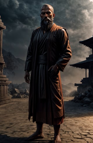 buddhist monk with short trim beard from nepal with wise intense look in his eyes, background filled with realistic 3d environments and temple. Make sure the images are fully detailed and realistic, full body standing shot