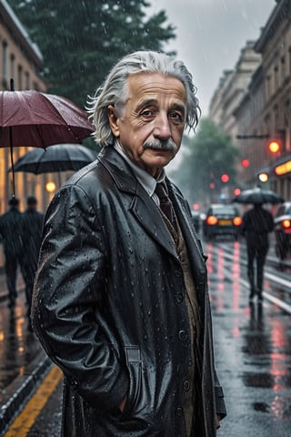 Albert Einstein looking with bold look, aesthetic body, standing in the rain, Highly detailed faces, highly detailed bodies, highly detailed clothing, Perfect finger, not a single blemish, background with people walking in the road, male pov