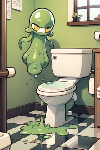 green slime alien blob with tentacles,invasion of green slime alien blobs popping out of the toilet,background:small bathroom,1toilet,1window,checkerboard floor,mess,newspapers,(green slime blasts),BREAK,small narrow bathroom, (big alien with tentacles:1.2) big alien inside the toilet, dirty checkerboard floor, mess, shelves with mess on top, cartoon style