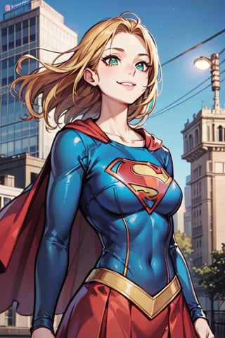 supergirl, supergirl costume, anime, medium boobs, perfect face, ginger hair, perfect hands, 5 fingers, seducing smile, v4, 8k, small breasts, (upper body view), light green eyes, Emerald eyes, symbol-shaped pupils, (background: on city building), night light, night, jim lee,
