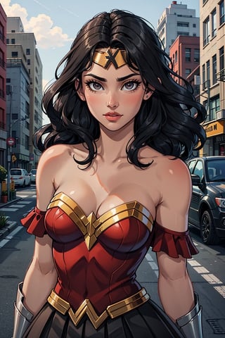 glamour photo of a 35-year-old wonder woman, upper_body, bare_shoulders, brown_eyes, black_hair, closed_mouth, long_hair, off_shoulder, skirt, solo, (background: street, new york), fill lighting,dutch angle,ARRI ALEXA 65,Kodak Vision3,Voigtländer Nokton 50mm f1.1,desaturated grunge filter,WonderWaifu