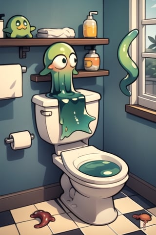 green slime alien blob with tentacles,invasion of green slime alien blobs popping out of the toilet,background:small bathroom,1toilet,1window,checkerboard floor,mess,newspapers,(green slime blasts),BREAK,small narrow bathroom, (big alien with tentacles:1.2) big alien inside the toilet, dirty checkerboard floor, mess, shelves with mess on top, cartoon style