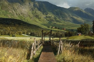 (best quality, masterpiece),photographs,perfect artwork, a wooden trestle on the lawn,meadow,wildlife garden, 8k, highly detailed, high resolution, ( very detailed background, detailed complex background ),painting by jakub rozalski,greg rutkowski,6000