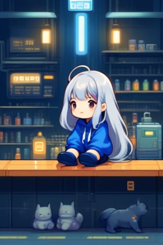 1girl, silver hair, very long hair, center parted bangs bangs, hooded sweatshirt blue dungarees garter straps loafers, sci-fi in bar midnight,
,lofi,tshirt design,flat design,pixel art,cyborg,cute comic,chibi,iso island