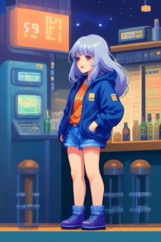 1girl, silver hair, very long hair, center parted bangs bangs, hooded sweatshirt blue dungarees garter straps loafers, sci-fi in bar midnight,
,lofi,tshirt design,flat design,pixel art