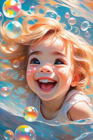 a five-year-old girl Billie Piper, laughing, Colorful colors, surrounded by water bubbles, in the style of Kawacy, Masterpiece, Oil painting drawn in anime style, head close - up, exaggerated perspective, Tyndall effect, water drops, mother - of - pearl iridescence, Holographic white,