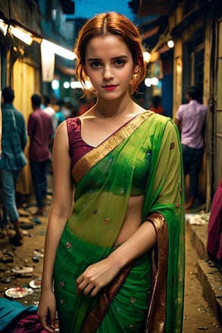 dimly lit photo,beautiful EmmaWatson pale skin ginger hair, slender girl model with thin waist wear,idian saree colorful clothes, looking at camera, 35mm analog film, dark Indian slum at night_time, ,lis4,