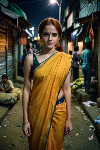 dimly lit photo,beautiful EmmaWatson pale skin ginger hair, slender girl model with thin waist wear,idian saree colorful clothes, looking at camera, 35mm analog film, dark Indian slum at night_time, ,lis4,