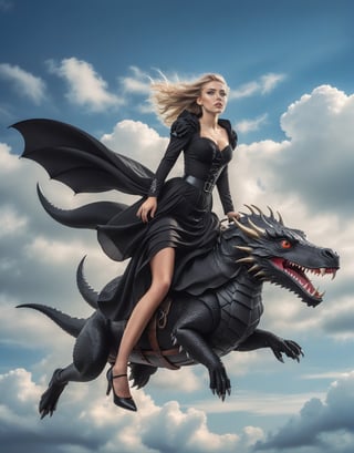 Full body portrait, Beautiful finnish girl wearing black gothic dress riding on a fierce realistic  looking highly detailed dragon in the sky, windy, big detailed eyes, highly detailed, fantasy setting, dynamic angle,rocketride