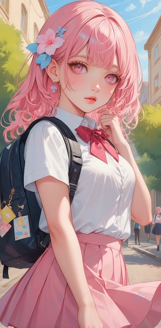 1girl, solo, long hair, bangs, skirt, shirt, hair ornament, jewelry, school uniform, white shirt, pink hair, flower, white hair, short sleeves, multicolored hair, cowboy shot, pleated skirt, earrings, outdoors, parted lips, day, collared shirt, hair flower, pink eyes, bag, blurry, lips, neckerchief, backpack, looking up, pink skirt