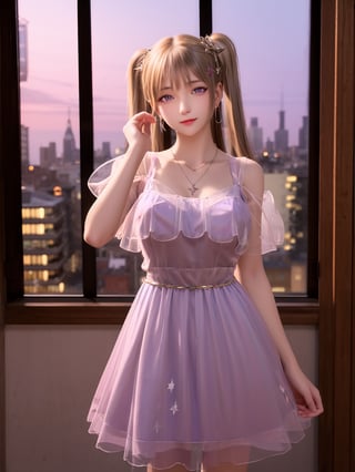 SYNNzidinyitest,1girl,mature female,cityscape,night,looking at viewer,jewelry,dress,purple eyes,earrings,necklace,twintails,indoors,window,hair ornament,cowboy shot, ,shining nikki