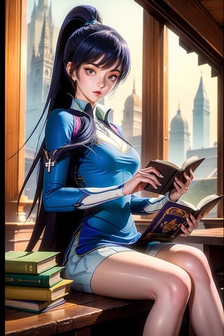 (masterpiece, 1980's anime illustration:1.1), sweet girl with long purple hair wearing oversized knit sweater, sitting cross-legged on floor of bookshop, open book in lap, reading intently, surrounded by stacks of old books, afternoon sun streaming in through window, illuminating floating dust in air, creating a cozy atmosphere, detailed old bindings on books, patterned rug on hardwood floor, retro anime style, warm lighting