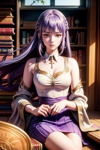 (masterpiece, 1980's anime illustration:1.1), sweet girl with long purple hair wearing oversized knit sweater, sitting cross-legged on floor of bookshop, open book in lap, reading intently, surrounded by stacks of old books, afternoon sun streaming in through window, illuminating floating dust in air, creating a cozy atmosphere, detailed old bindings on books, patterned rug on hardwood floor, retro anime style, warm lighting