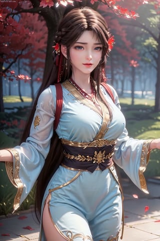 1girl, solo, brown hair, hair ornament, braid, long hair, wide sleeves, looking at viewer, brown eyes, jewelry, hair flower, long sleeves, sash, dress, mischevious smile, perfect body, scenery, sharp focus, best quality, masterpiece, detailed outfit, illustration, perfect eyes, finely detailed beautiful anime eyes, realistic skin, intricate details, best lighting, depth of field, ultra high resolution,cowboy_shot, dynamic pose, dynamic angle,1 girl