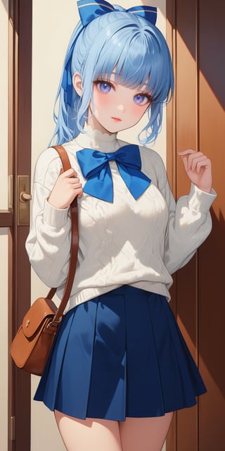 1girl, solo, long hair, looking at viewer, bangs, blue eyes, skirt, long sleeves, bow, ribbon, closed mouth, blue hair, standing, hair ribbon, white shirt, ponytail, white hair, cowboy shot, pleated skirt, indoors, hand up, bag, sweater, blue skirt, turtleneck, blue bow, white sweater, kamisato ayaka