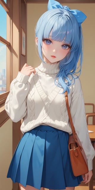 1girl, solo, long hair, looking at viewer, bangs, blue eyes, skirt, long sleeves, bow, ribbon, closed mouth, blue hair, standing, hair ribbon, white shirt, ponytail, white hair, cowboy shot, pleated skirt, indoors, hand up, bag, sweater, blue skirt, turtleneck, blue bow, white sweater, kamisato ayaka