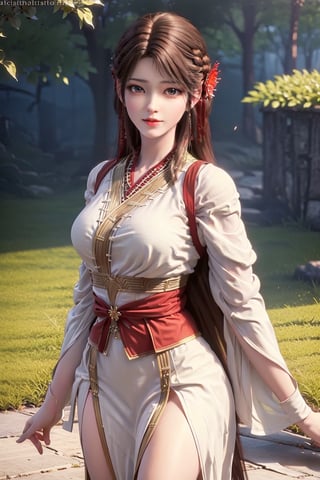 1girl, solo, brown hair, hair ornament, braid, long hair, wide sleeves, looking at viewer, brown eyes, jewelry, hair flower, long sleeves, sash, dress, mischevious smile, perfect body, scenery, sharp focus, best quality, masterpiece, detailed outfit, illustration, perfect eyes, finely detailed beautiful anime eyes, realistic skin, intricate details, best lighting, depth of field, ultra high resolution,cowboy_shot, dynamic pose, dynamic angle,1 girl