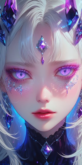 1girl, solo, looking at viewer, purple eyes, white hair, parted lips, lips, eyelashes, gem, portrait, close-up, crystal,full_body