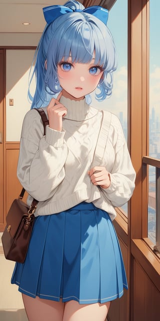 1girl, solo, long hair, looking at viewer, bangs, blue eyes, skirt, long sleeves, bow, ribbon, closed mouth, blue hair, standing, hair ribbon, white shirt, ponytail, white hair, cowboy shot, pleated skirt, indoors, hand up, bag, sweater, blue skirt, turtleneck, blue bow, white sweater, kamisato ayaka