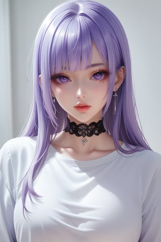 1girl, solo, long hair, looking at viewer, bangs, shirt, long sleeves, jewelry, purple eyes, upper body, purple hair, earrings, choker, mole, lips, eyelashes, mole under eye, black choker