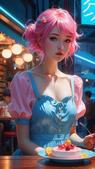 Wide shot, high quality, 8K Ultra HD, high detailed, masterpiece, A digital illustration of anime style, soft anime tones, Detailed illustration of a beautiful woman eating cake in a cafe, full body shot, pale blue dress, colorful colors, colorful woman, pink hair, blue eye, luminism, three dimensional effect, enhanced beauty, Albert Anker, Kyoto Animation, Greg Rutkowski, Artgerm, WLOP, Alphonse Beeple, luminism, 3d render, octane render, Isometric, by yukisakura, awesome full color,

dynamic background, 4k resolution, masterpiece, best quality, Photorealistic, whimsical, illustration by MSchiffer, cinematic lighting, Hyper detailed, atmospheric, vibrant, dynamic studio lighting, wlop, Glenn Brown, Carne Griffiths, Alex Ross, artgerm and james jean, spotlight, fantasy, surreal,