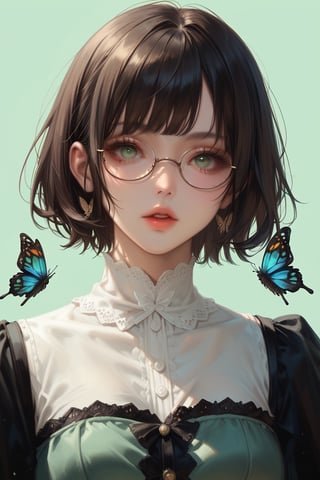 1girl, solo, looking at viewer, short hair, bangs, simple background, brown hair, black hair, green eyes, parted lips, glasses, lips, eyelashes, bug, butterfly, portrait, green background, round eyewear,more detail XL,score_7_up,score_8_up,score_9