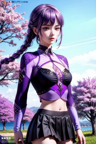 skirt, braid, purple hair, purple eye, shiny hair,  Good Life Will, Masterpiece, Best quality, spring outfit, Colorful hair,  Outdoor, MagazineCover ,Upper body,