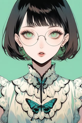 1girl, solo, looking at viewer, short hair, bangs, simple background, brown hair, black hair, green eyes, parted lips, glasses, lips, eyelashes, bug, butterfly, portrait, green background, round eyewear,more detail XL,score_7_up,score_8_up,score_9