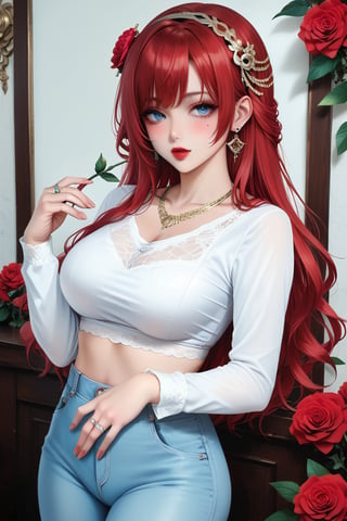 1girl, solo, long hair, blush, bangs, blue eyes, hair ornament, long sleeves, jewelry, flower, red hair, hairband, earrings, pants, hair flower, necklace, mole, crop top, mole under eye, makeup, rose, ring, lipstick, red flower, red rose, red lips