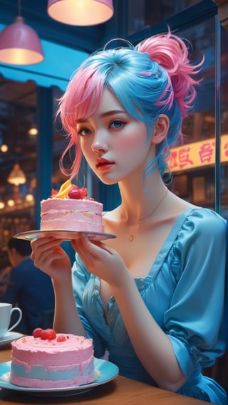 Wide shot, high quality, 8K Ultra HD, high detailed, masterpiece, A digital illustration of anime style, soft anime tones, Detailed illustration of a beautiful woman eating cake in a cafe, full body shot, pale blue dress, colorful colors, colorful woman, pink hair, blue eye, luminism, three dimensional effect, enhanced beauty, Albert Anker, Kyoto Animation, Greg Rutkowski, Artgerm, WLOP, Alphonse Beeple, luminism, 3d render, octane render, Isometric, by yukisakura, awesome full color,

dynamic background, 4k resolution, masterpiece, best quality, Photorealistic, whimsical, illustration by MSchiffer, cinematic lighting, Hyper detailed, atmospheric, vibrant, dynamic studio lighting, wlop, Glenn Brown, Carne Griffiths, Alex Ross, artgerm and james jean, spotlight, fantasy, surreal,