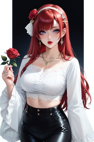 1girl, solo, long hair, blush, bangs, blue eyes, hair ornament, long sleeves, jewelry, flower, red hair, hairband, earrings, pants, hair flower, necklace, mole, crop top, mole under eye, makeup, rose, ring, lipstick, red flower, red rose, red lips