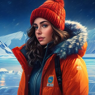 Girl, fullbody, full body, romantic academia, neo-mosaic, sharp brushwork, changelingcore, distinctive noses, Antarctica background, hyper-realistic illustrations 