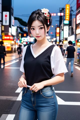 1girl, japanese girl, modern geisha, wearing casual shirt and long denim trousers, standing in front of Tokyo Tower, night city, city lights, short_hair, black_hair, undercut, beautiful, realistic, ultra-detailed, high quality, high_resolution,Geisha