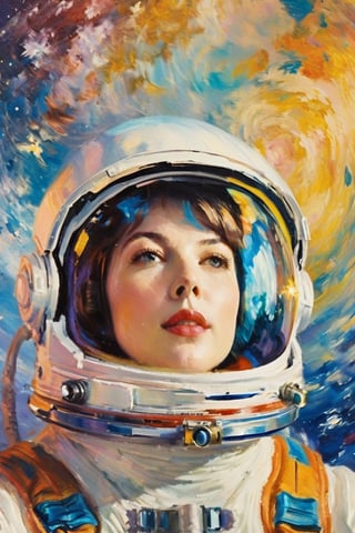 (Low wide angle side shot,old film photo),(beautiful female astronaut drifting in hyper space),(wearing space suit, helmet with face showing, stars reflection in helmet),hyperspace in the background,lisa,GothEmoGirl,palette knife painting,dreamgirl,BillieEilish,TaylorSwift,abstract paintings,art by sargent,impressionist painting