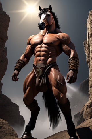 The centaur is an imposing and majestic creature, with the upper half of its body revealing an exceptionally muscular torso, whose defined pectorals and broad shoulders denote its formidable strength. His tanned skin bears the marks of countless battles, decorated with scars that tell his story of bravery. His strong, toned arms feature prominent veins and large, dexterous hands that can handle weapons with deadly precision. Its long slender neck supports a noble and expressive human head, with arched eyebrows, deep wise eyes shining with a penetrating gaze, a straight nose and thin lips. His hair, dark as night, flows in perfect curls that cascade over his shoulders and back, often braided with thin ribbons. The lower half of the centaur exhibits the powerful and elegant musculature of a thoroughbred horse. Four muscular, agile legs support his body with unparalleled grace and strength, each muscle and tendon meticulously sculpted, with sturdy hooves of a dark, robust color that reflect his robustness. The horse's skin is soft and lustrous, covered by a thick, silky coat that appears to shimmer in the sunlight. His long, lush tail adds a touch of grace to his movement, waving elegantly as he moves. The centaur, with his exceptionally detailed physical appearance, exposing his large, lifelike erect horse penis and two large testicles laden with realistic semen. His skin is adorned with intricate tattoos depicting his feats and achievements throughout his life, adding a touch of uniqueness to his already impressive physical appearance.