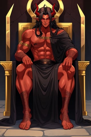 imposing and handsome demon king in a medieval fantasy world Sex: androgynous Age: 50 years Height: tall Hair: black, neat and slightly wavy. horns Eyes: red Skin: dark and with marked scars, Constitution: athletic, with very marked muscles, demon tail clothing: black tunic, background: imposing brutalist throne room