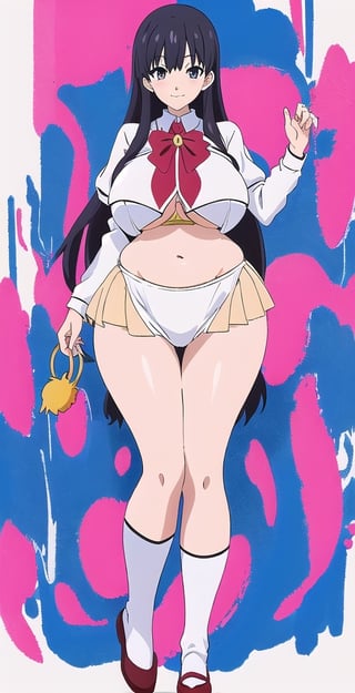 adult pretty woman, woman, schoolgirl uniform, long hair, black hair, very straight hair, big boobs, abstract empty background, light white texture, white and blue and pink theme, little smile, (kyoto_animation_art_style: 1.1), big boobs, big hips, long fishnet socks