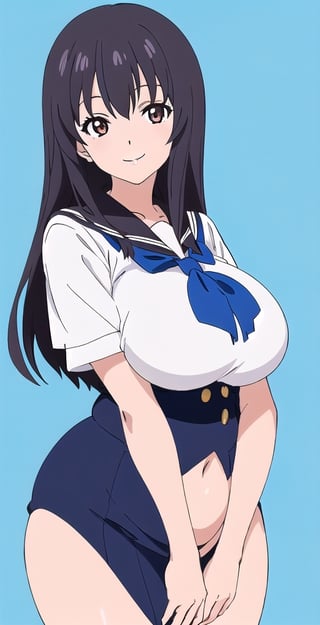 adult pretty woman, woman, schoolgirl uniform, long hair, black hair, very straight hair, big boobs, abstract empty background, light white texture, white and blue and pink theme, (kyoto_animation_art_style: 1.1), big hips, big boobs, little smile