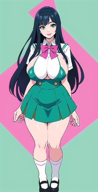 pretty woman girl, long hair, black blue hair, white and green theme, smile, big boobs, pink lips, big hips, tight fishnet socks, schoolgirl uniform, abstract green background