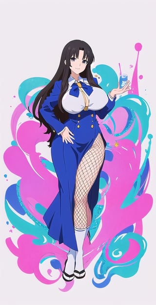 adult pretty woman, woman, schoolgirl uniform, long hair, black hair, very straight hair, big boobs, abstract empty background, light white texture, white and blue and pink theme, little smile, (kyoto_animation_art_style: 1.1), big boobs, big hips, long fishnet socks