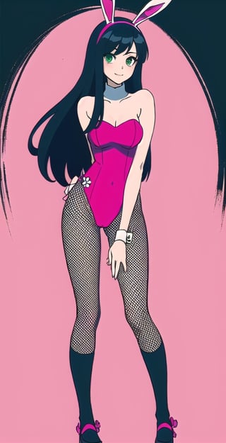 young woman, abstract black and white background, dark green and hot pink clothing theme, long black hair, bunnygirl costume,nemu, flowers around, long fishnet socks,Giselle Gewelle