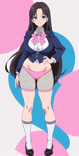 adult pretty woman, woman, schoolgirl uniform, long hair, black hair, very straight hair, big boobs, abstract empty background, light white texture, white and blue and pink theme, little smile, (kyoto_animation_art_style: 1.1), big boobs, big hips, long fishnet socks